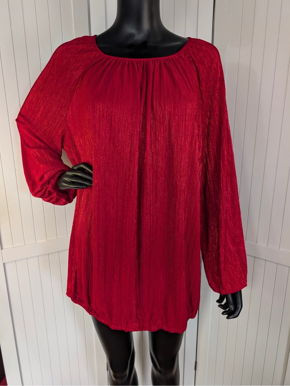 Faded Glory Womens XXL 20 Red Shimmer Pleated Tunic Blouse Long Sleeve 2X